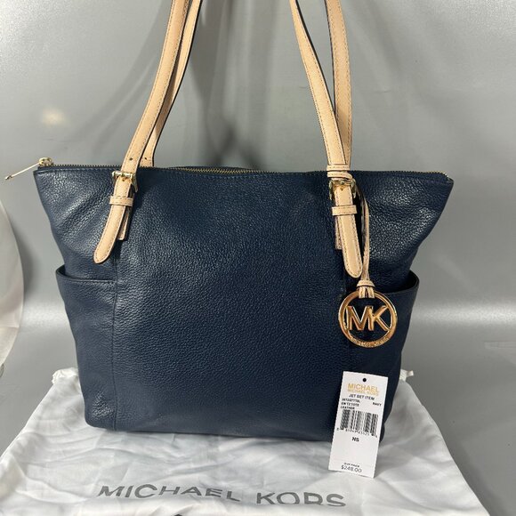 Michael Michael Kors Navy Blue Leather Medium Jet SEt Top Zip Tote - Picture 2 of 14